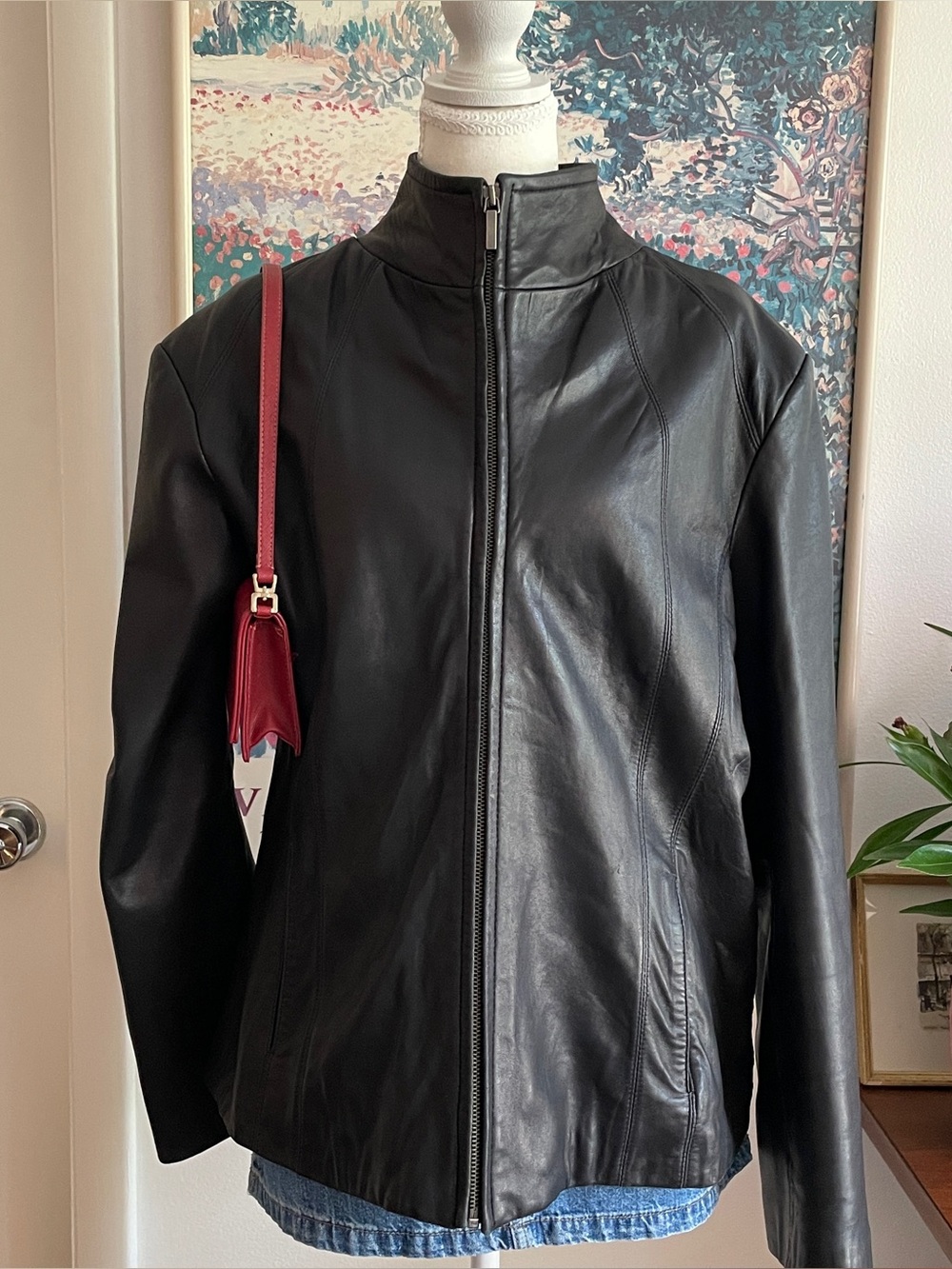 Vintage Leather Jacket Womens XL Black Genuine Leather Moto Biker Zip Up Y2K